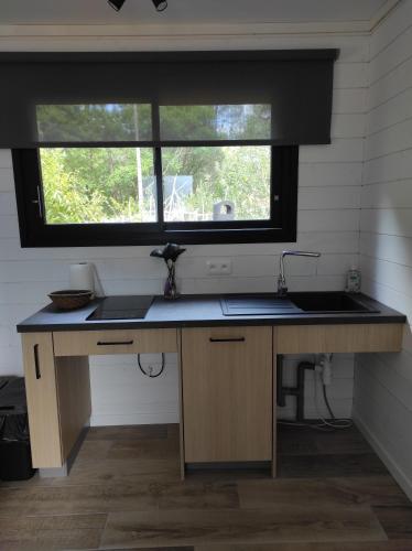 uma cozinha com um lavatório e uma janela em Studio Lacanau Moutchic Inn PMR em Lacanau