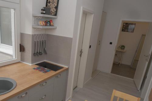 a kitchen with a sink and a counter with a sink at Apartment Fedora Old Town Sarajevo in Sarajevo