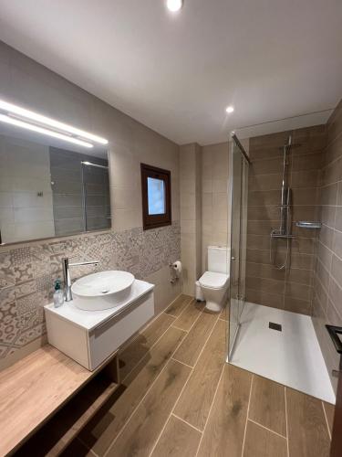 a bathroom with a sink and a shower and a toilet at Can Calau de Centenys in Esponellá