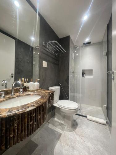 a bathroom with a toilet and a sink and a shower at FLAT NA VILA OLÍMPIA ! ÓTIMA OPÇÃO ! in Sao Paulo