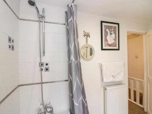 a shower in a bathroom with a shower curtain at Daffodil Cottage in Grange Over Sands