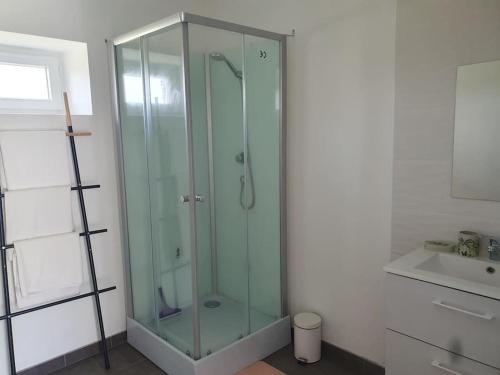 a glass shower in a bathroom with a sink at Gîtes avec piscine chauffée in Rosnay