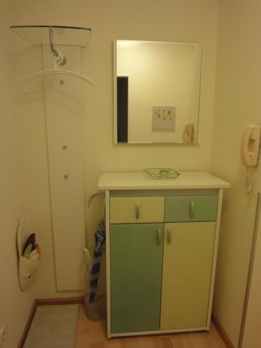 a bathroom with a sink and a mirror at Ferienwohnung Majo in Bad Birnbach