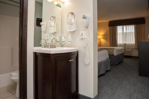 ein Bad mit einem Waschbecken und einem Telefon in einem Hotelzimmer in der Unterkunft SureStay Plus by Best Western Montrose in Montrose