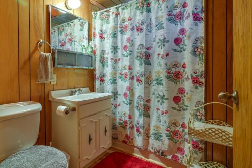 y baño con cortina de ducha y lavamanos. en California Retreat Near Yosemite National Park!, en Twain Harte