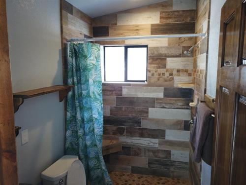 a bathroom with a toilet and a wooden wall at Rr-gull Lake Baby House in June Lake