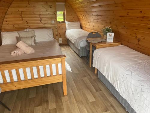 two beds in a cabin with wooden walls at Emlagh, Self Catering Glamping Pods in Kilkee