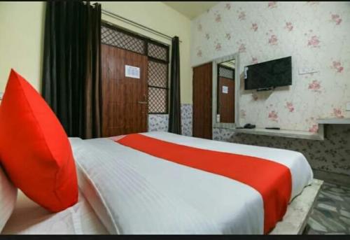 a bedroom with a bed with red pillows and a television at OYO Green Villa in Meerut