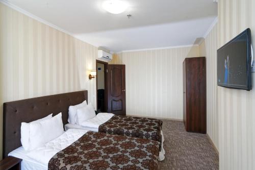 a hotel room with a bed and a flat screen tv at Lisova Pisnia Resort Hotel in Truskavets