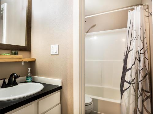 a bathroom with a sink and a shower at Mt Baker Den, Sleeps 4 in Glacier