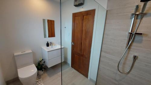 e bagno con servizi igienici e doccia con porta in legno. di Sleek Suite by the Sand (1 bedroom) a Dunedin