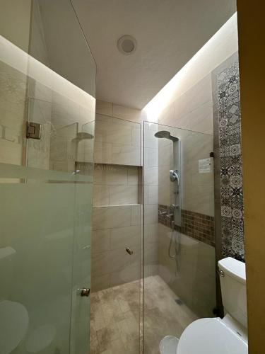 a bathroom with a glass shower with a toilet at Hotel Lindo Ajijic Bed & Breakfast in Ajijic