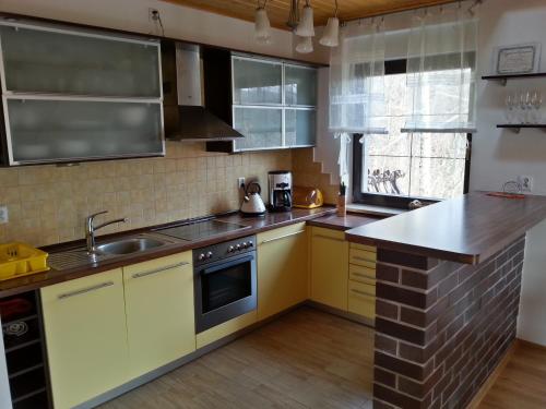 una cocina con armarios amarillos y fregadero en Belweder Apartamenty i Pokoje, en Wisła