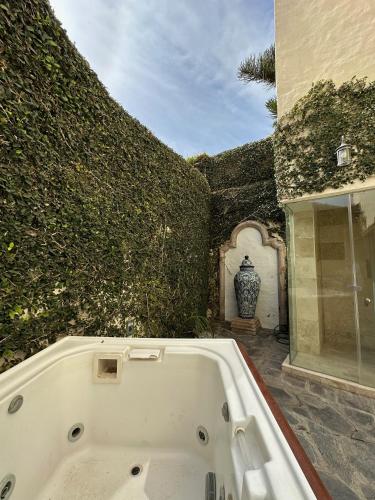 a bath tub sitting next to a ivy covered building at Hotel Lindo Ajijic Bed & Breakfast in Ajijic