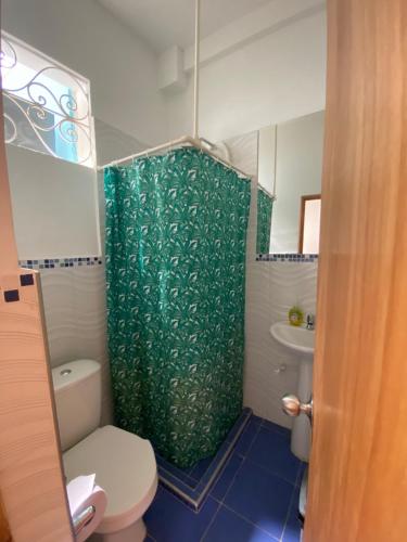 a bathroom with a toilet and a green shower curtain at Havana Dance School & Hostel in Cali