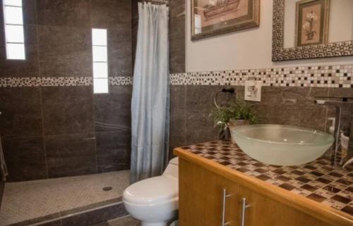 a bathroom with a sink and a toilet and a shower at Capitan Boutique Resort in Puerto Nuevo