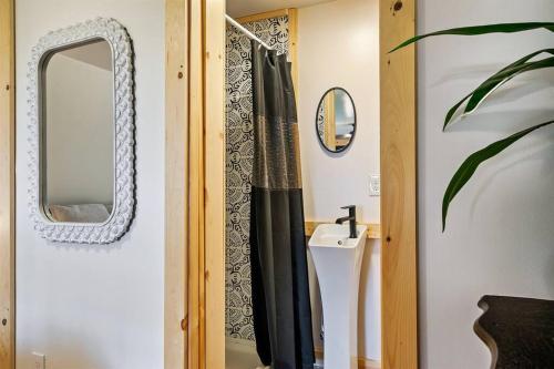 ガトリンバーグにあるSecluded Mtn view New! 10 mins to Gatlinburg or Parkのバスルーム(黒いシャワーカーテン、鏡付)