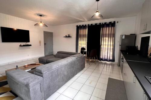 uma sala de estar com um sofá e uma televisão em Appartement T3 spacieux em Montjoly