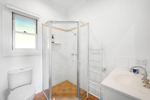 a bathroom with a shower and a toilet and a sink at Watta Cottage in Wattamolla