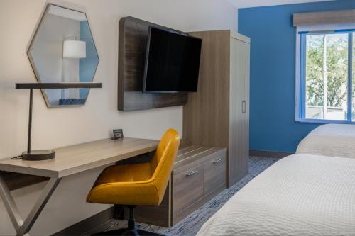 a hotel room with a desk with a tv and a bed at Holiday Inn Express and Suites Tampa I-75 at Bruce B. Downs by IHG in Tampa