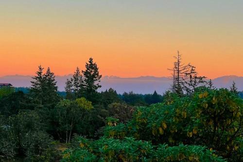 a sunset over a forest of trees with mountains in the background at Olympic Views - Cozy Modern 2Br Suite in Victoria