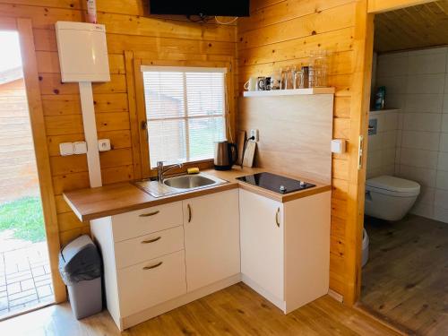 eine Küche in einem Blockhaus mit einem Waschbecken und einem WC in der Unterkunft Ubytovani U lišáka FOXE in Bulhary