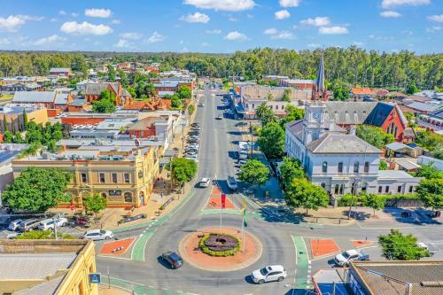 an aerial view of a small town at Clocktower Suites in Echuca