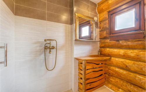 baño con ducha y pared de madera en 3 Bedroom Cozy Home In Sveti Rok, en Sveti Rok