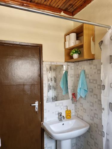 a bathroom with a sink and a mirror at Lux Suites Donholm Family Bungalow in Nairobi