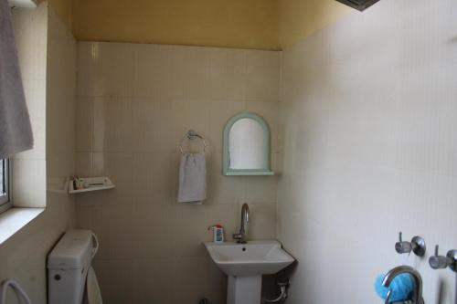 a bathroom with a sink and a toilet and a mirror at "Priyadarshi Villa" Free pickup in ac car from Jasidih Railway station or Deoghar Airport in Deoghar