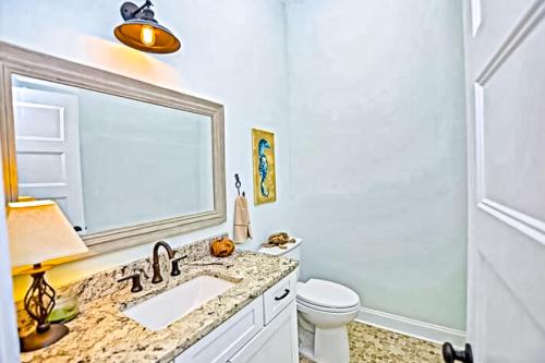 a bathroom with a sink and a mirror and a toilet at Coastal Treehouse in Wilmington