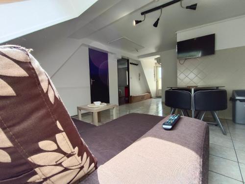 salon z kanapą z pilotem w obiekcie Gite BA 3 w Épernay
