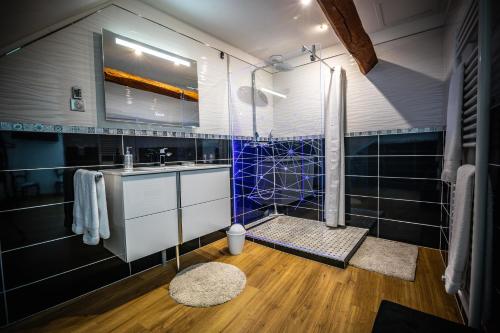 a bathroom with a shower and a sink at Gîte Chez Louis le Tonnelier Au coeur de la côte des Blancs in Le Mesnil-sur-Oger