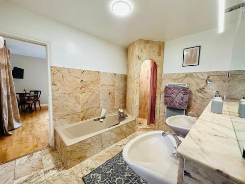 Suite Armagnac, relaxing gite near Nogaro في نوغارو: حمام مع حوض ومغسلة وحوض استحمام