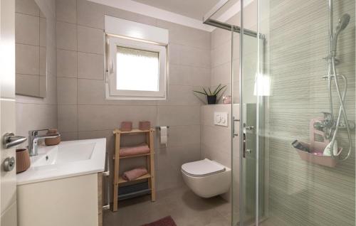 y baño con aseo, lavabo y ducha. en Lovely Home In Radeki Glavica With House A Panoramic View, en Loborika