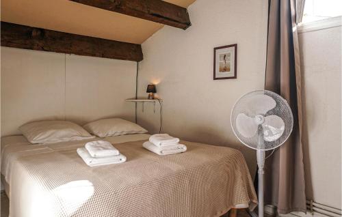 um quarto com uma cama, uma ventoinha e toalhas em Beautiful Home In Saint Pierre La Mer With Kitchen em Saint Pierre La Mer
