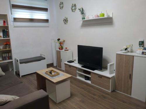 a living room with a flat screen tv on a table at Apartamento Casco Antiguo Ponferrada in Ponferrada