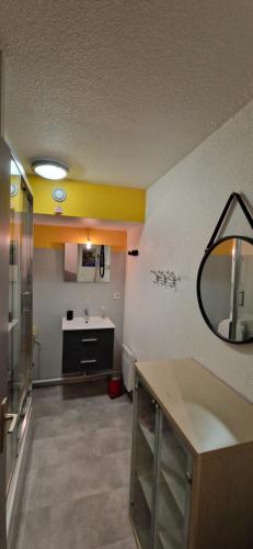 une salle de bain avec un lavabo et un miroir au mur dans l'établissement Charmant appart 40 m2 proche plage et marché Arago 141 rue de la printanière Le Musée, à Les Sables-dʼOlonne