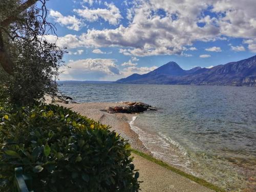 a view of the shore of the water with mountains in the background at Camping Baldo in Brenzone sul Garda
