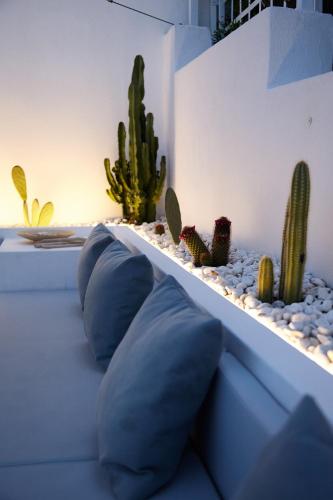 a row of blue pillows on a couch with cactus at Casetta Zio Franco in Polignano a Mare