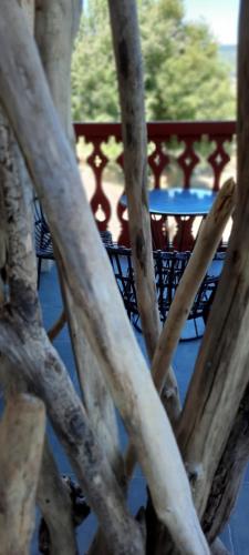a table and chairs are seen through the branches of a tree at Rectoral de Anllo in Sober