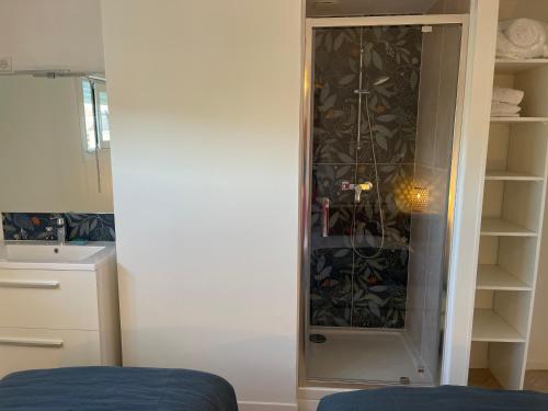 Cette chambre dispose d'un placard avec une porte en verre. dans l'établissement Superbe T3 de 70m2 face à la mer, à Royan