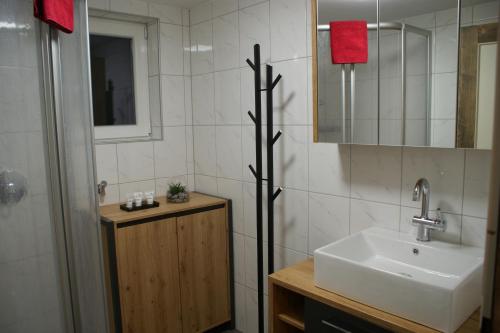 y baño con lavabo y espejo. en Apart Burgstall, en Arzl im Pitztal