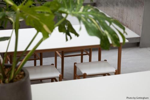 a table with two chairs and a potted plant at KIRO Hiroshima by THE SHARE HOTELS in Hiroshima
