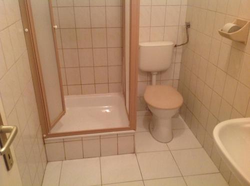 La petite salle de bains est pourvue d'une douche et de toilettes. dans l'établissement Club Torony Hotel, à Torony