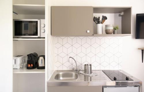 une cuisine avec un évier et un plan de travail dans l'établissement Le Petit Vauban, à Strasbourg