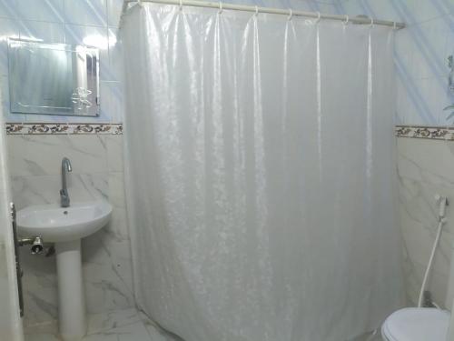 bagno con tenda da doccia bianca e lavandino di فندق هابى دريمز a Il Cairo