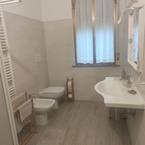 Baño blanco con aseo y lavamanos en B&B Canossalpaca, en Canossa