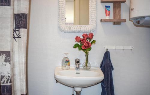 a bathroom with a sink and a vase of roses at Nice Home In Finspng With Wifi in Finspång