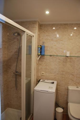 a small bathroom with a toilet and a shower at Casa Elviria Del Sol in Marbella